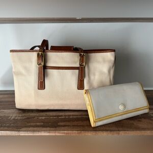 COACH Tote & Wallet Cream Canvas and Brown Leather
